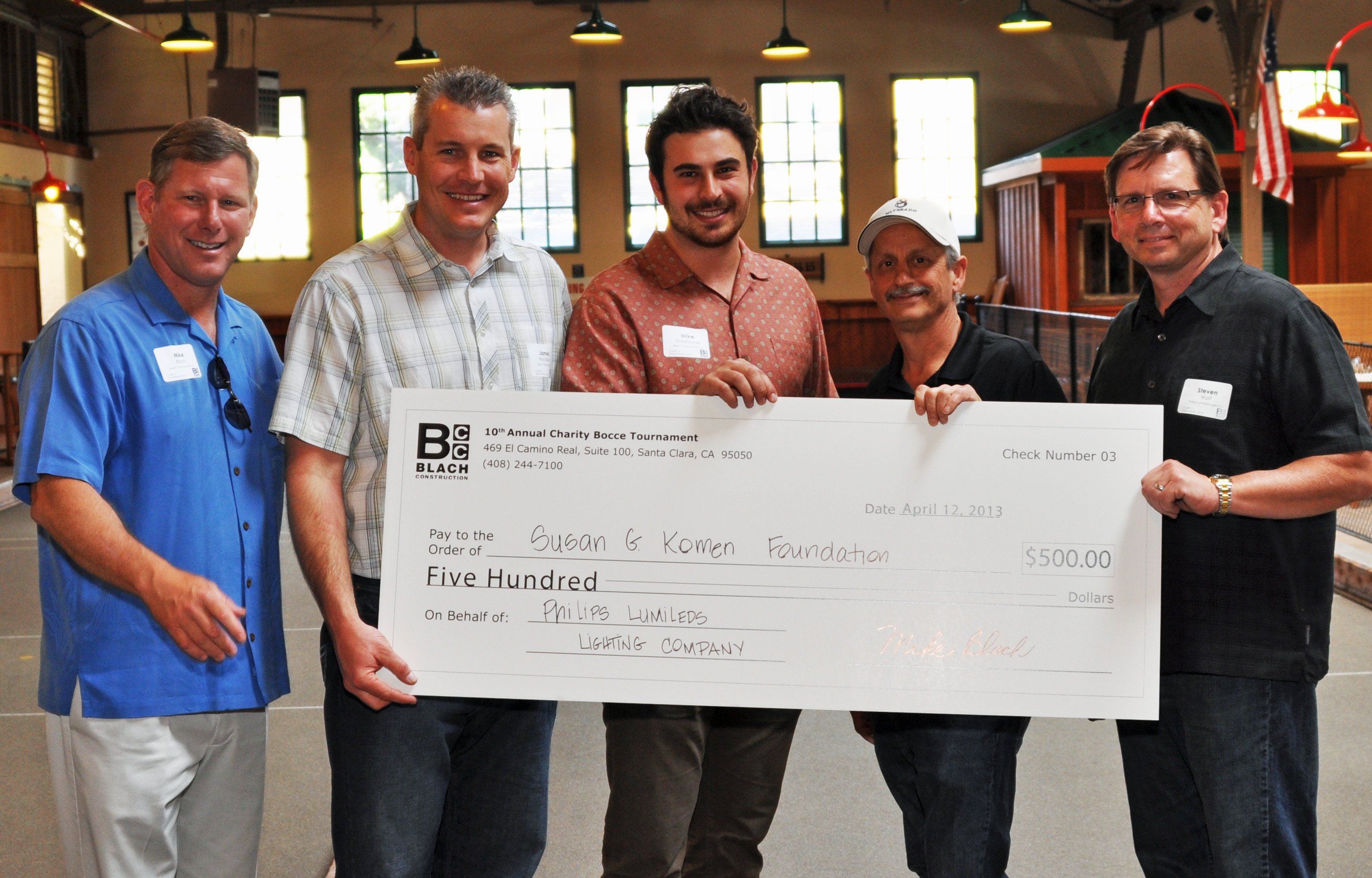 Charity Bocce Ball Tournament Mike Blach, James Woodbury, Mike Grzanowski, Steve Wolf and Dave Fox Presenting Check