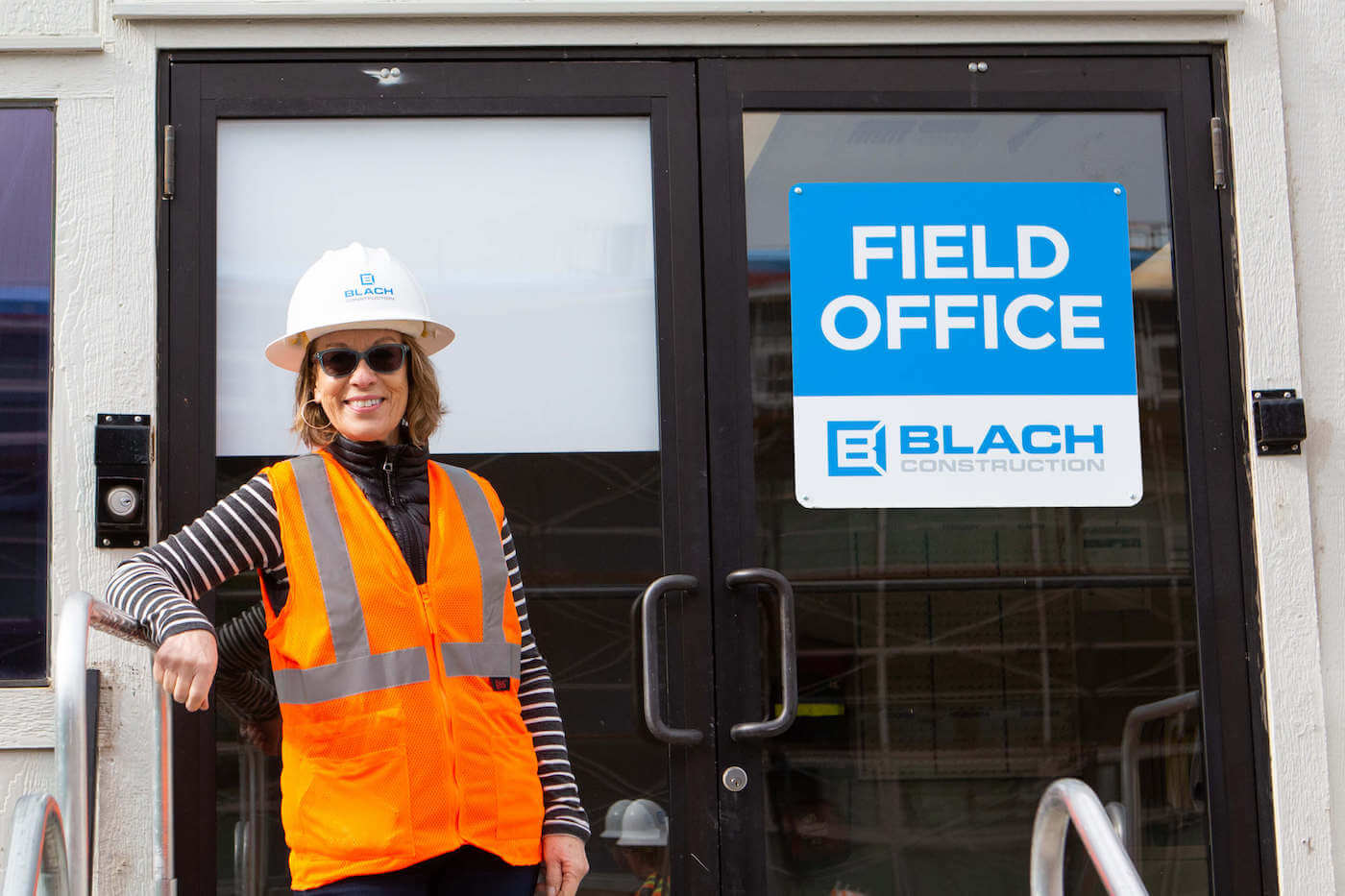 Andrea Tucker in front of Britton trailer